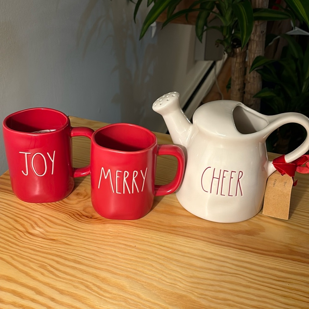BNWT Rae Dunn Christmas Mugs and Flower Holder/ Waterer